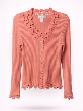 Soft Surroundings Coral Crochet Trim Cardigan Boho Romantic Top Size M